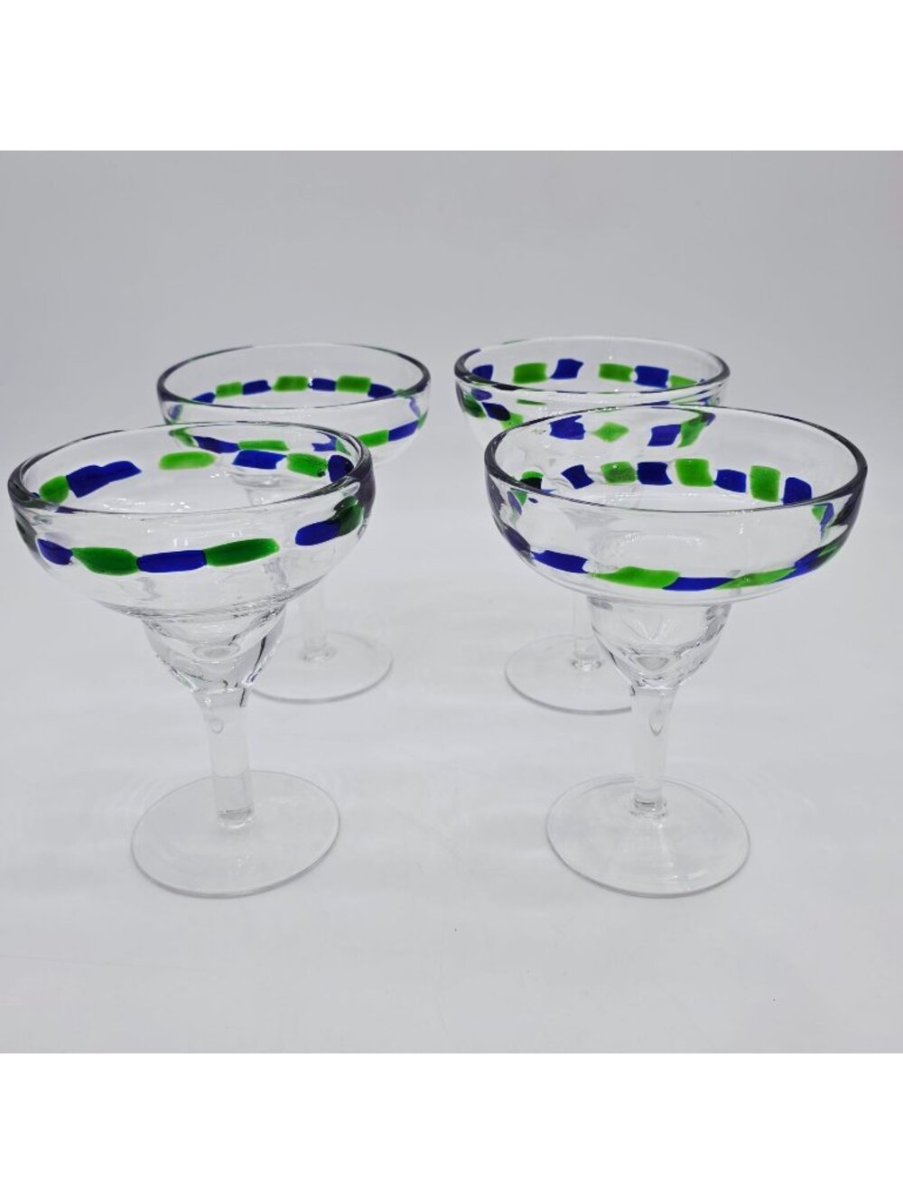 Pier 1 Handblown Margarita Glasses Blue & Green Fused Glass Set of 4